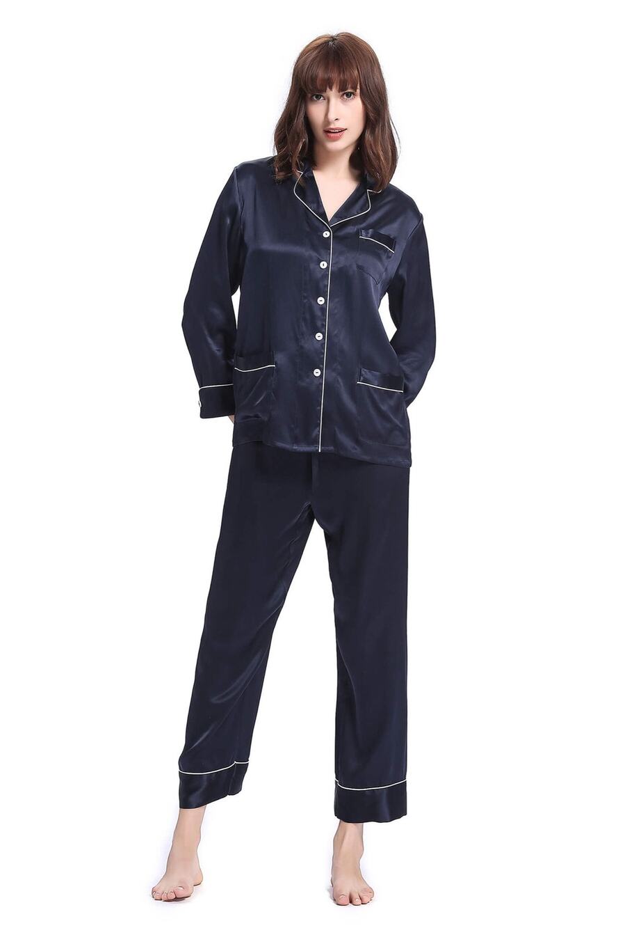 Lilysilk Women's XS Navy Silk Pajama Set White Piping 22 Momme Mulberry Silk